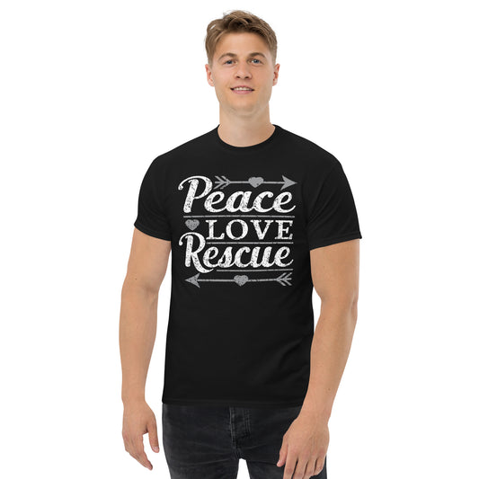 Peace love rescue men’s t-shirts by Dog Artistry black color 
