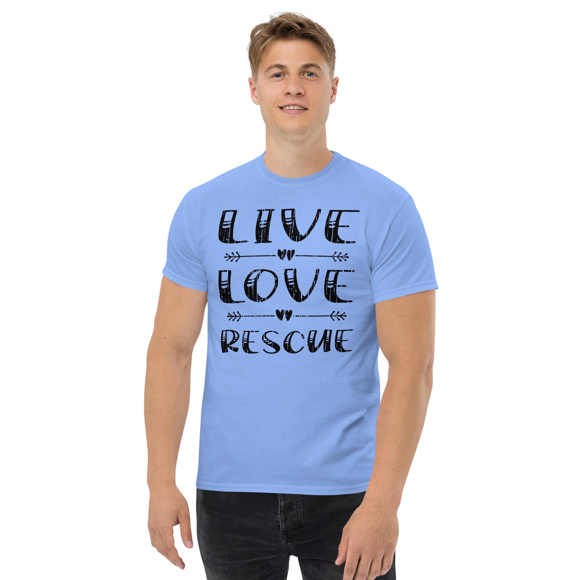 Live love rescue men’s t-shirts by Dog Artistry carolina blue color