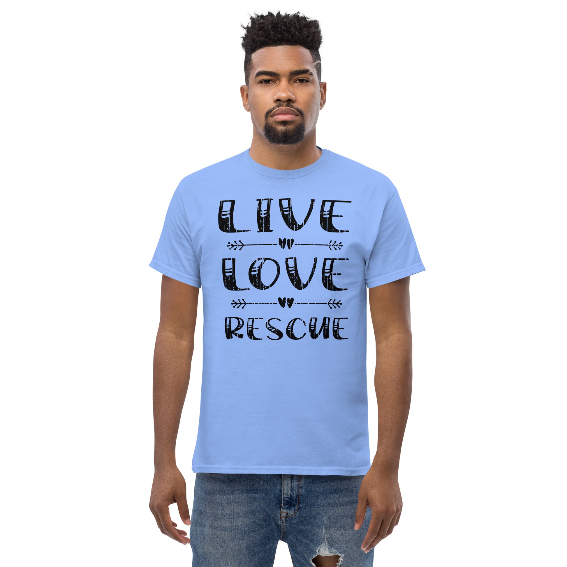 Live love rescue men’s t-shirts by Dog Artistry carolina blue color