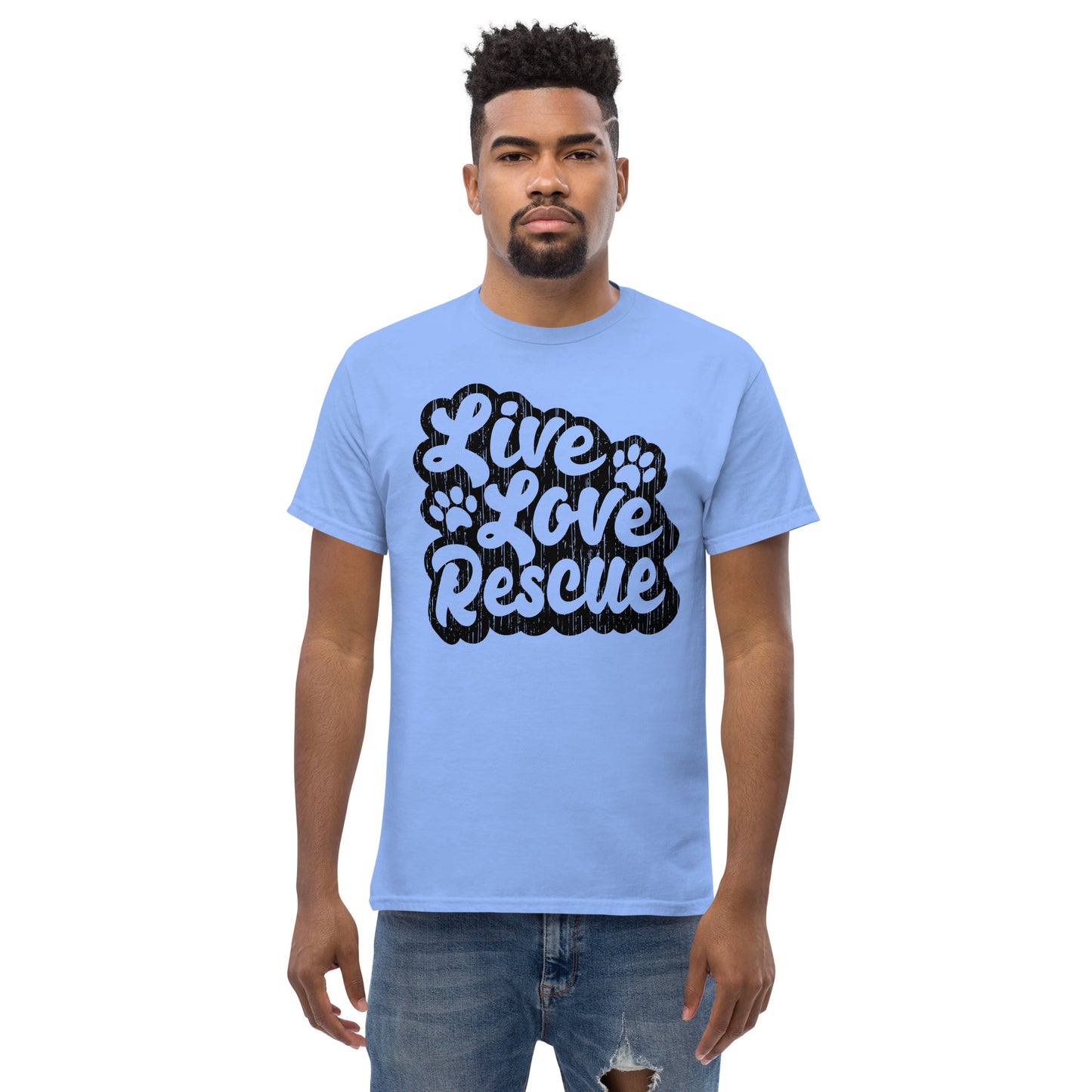 Live love rescue retro men’s t-shirts by Dog Artistry carolina blue color