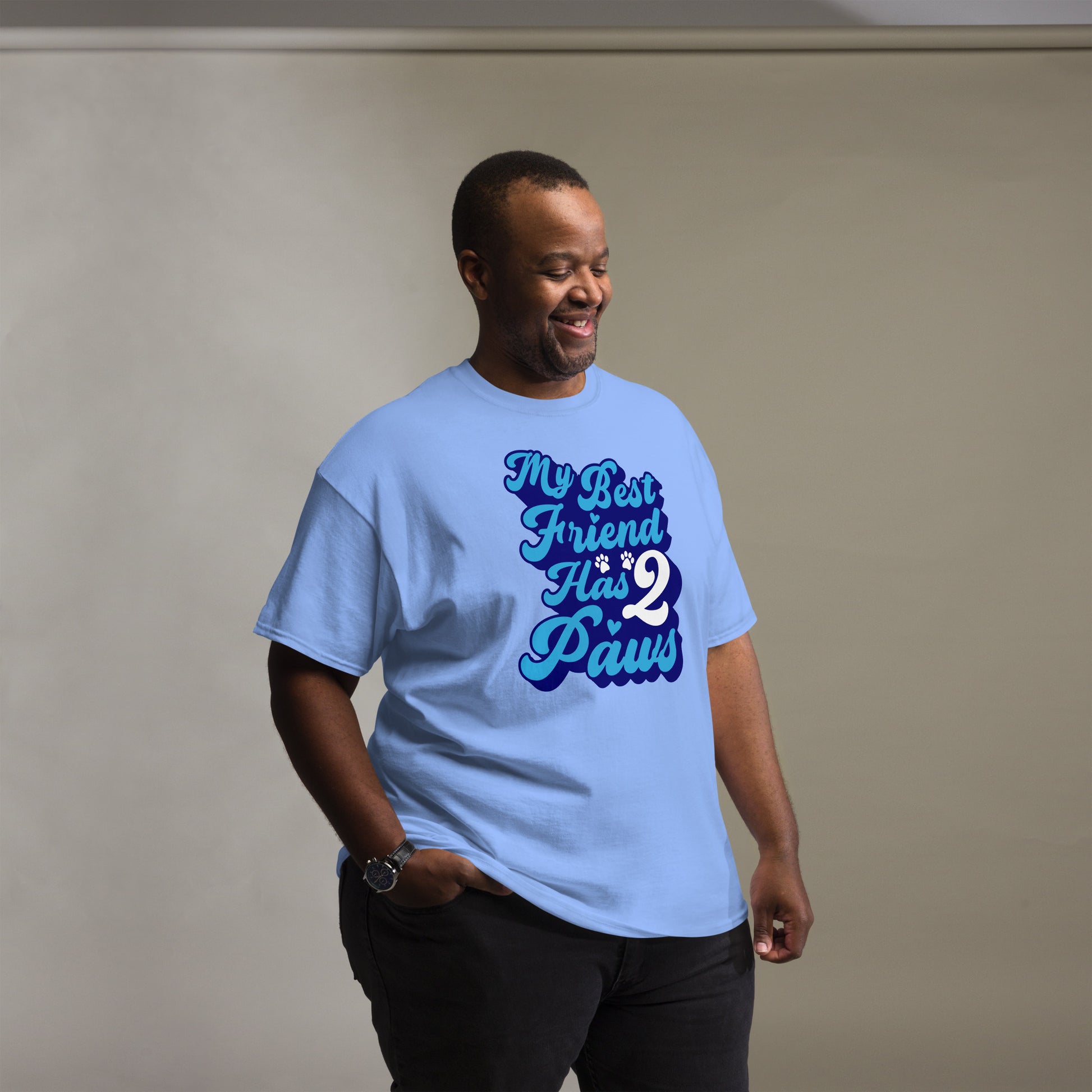 My best friend has 2 Paws men’s t-shirts by Dog Artistry Carolina blue