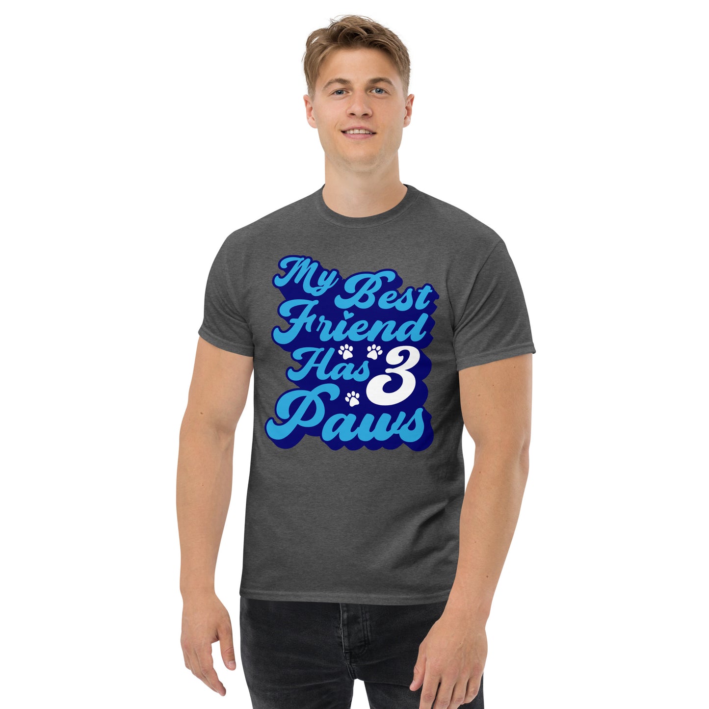 My best friend has 3 Paws men’s t-shirts by Dog Artistry heather color