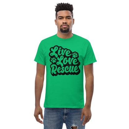 Live love rescue retro men’s t-shirts by Dog Artistry irish green color