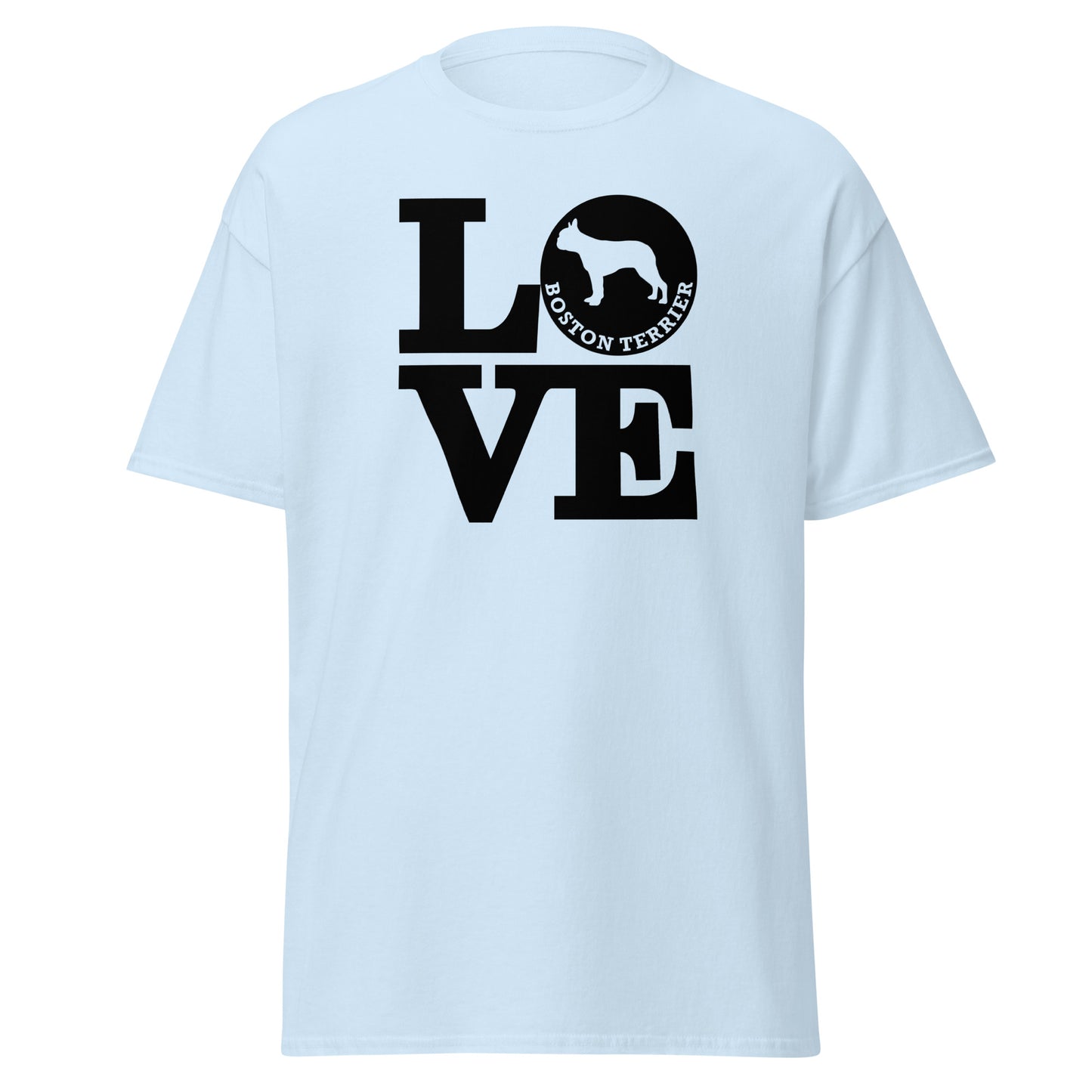 Boston Terrier Love men’s light blue t-shirt by Dog Artistry.