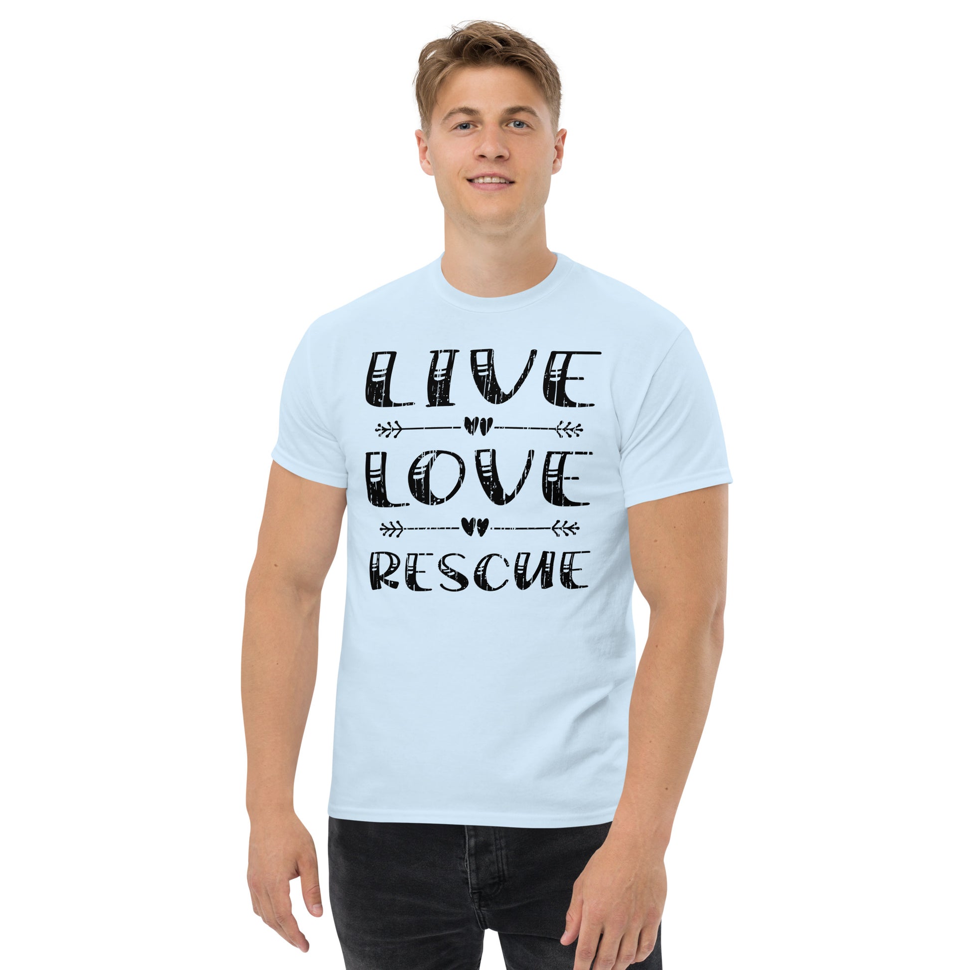 Live love rescue men’s t-shirts by Dog Artistry light blue color