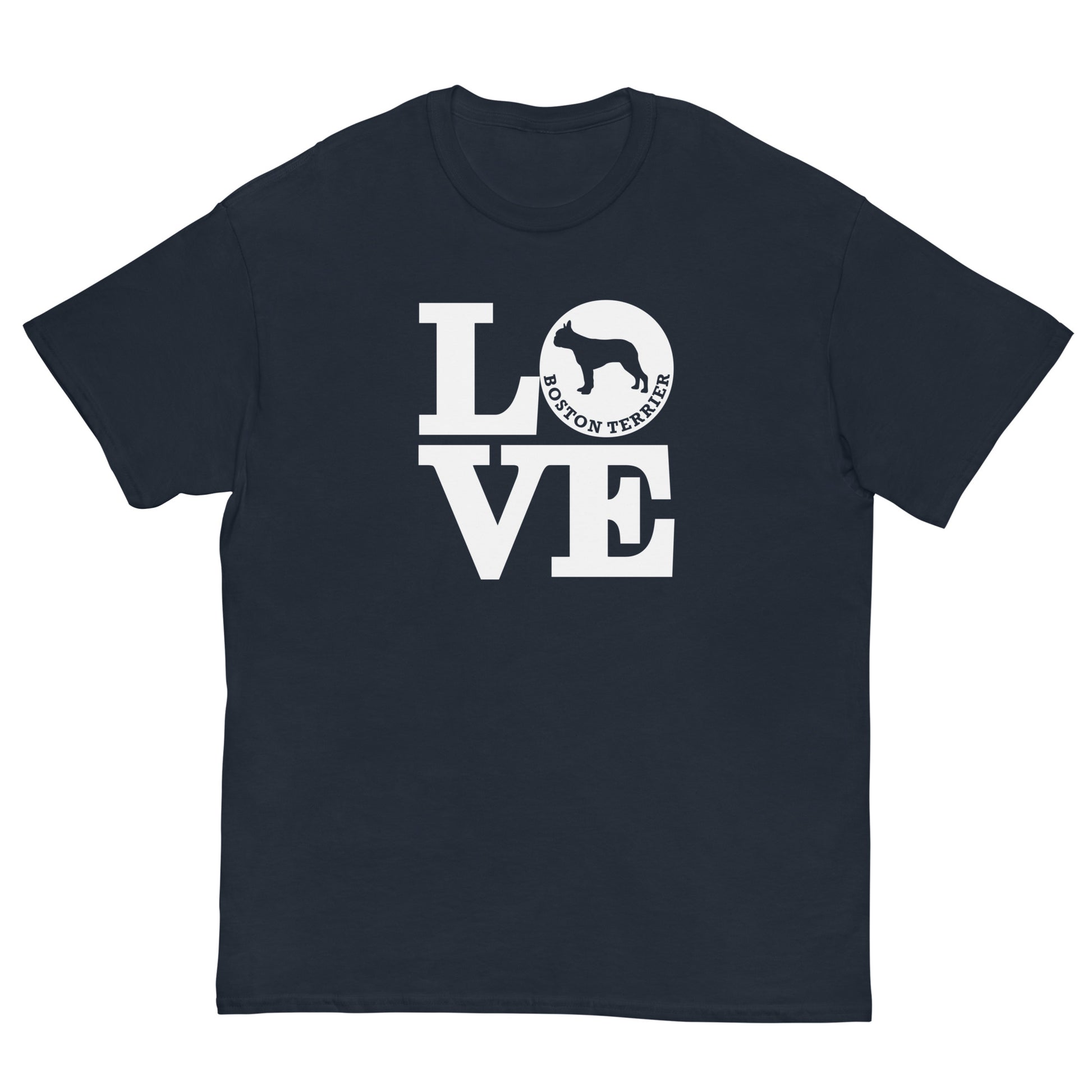 Boston Terrier Love men’s navy t-shirt by Dog Artistry.
