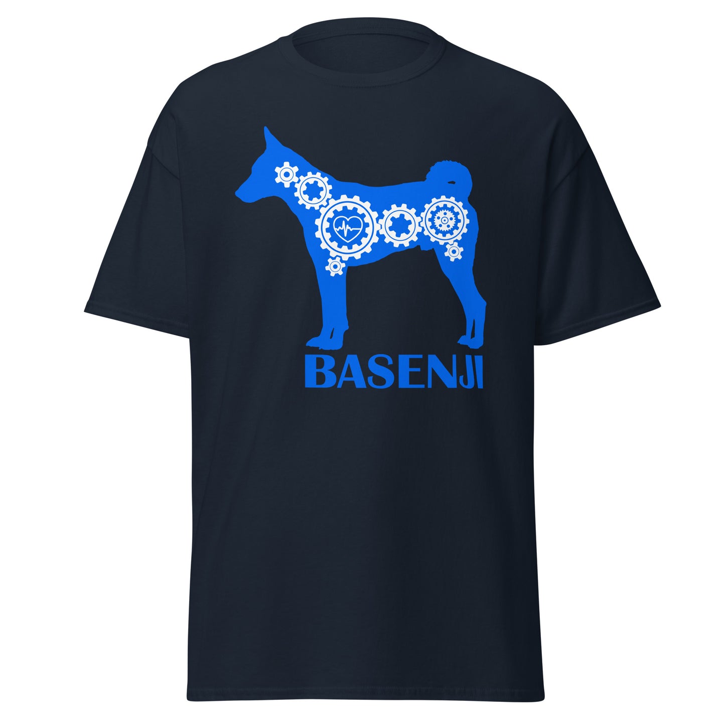 Basenji Bionic men’s navy t-shirt by Dog Artistry.