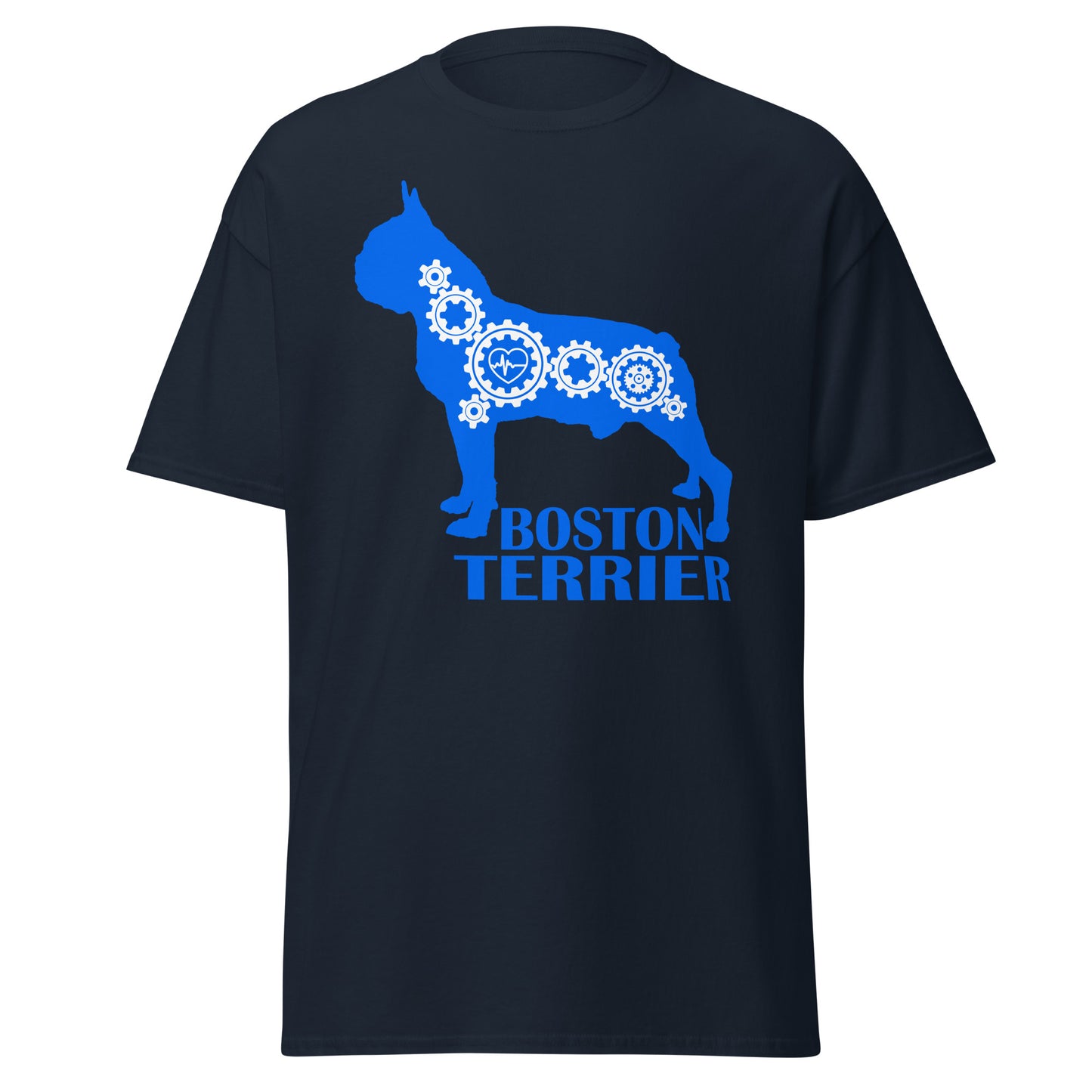 Boston Terrier Bionic men’s navy t-shirt by Dog Artistry.