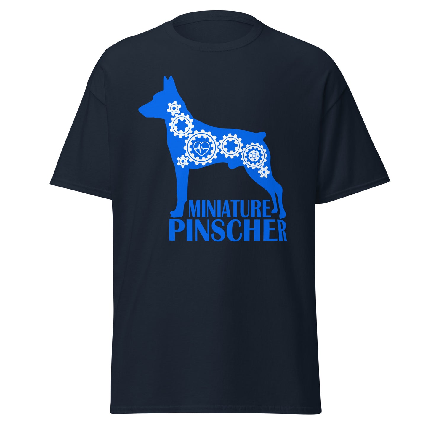 Miniature Pinscher Bionic men’s navy t-shirt by Dog Artistry.