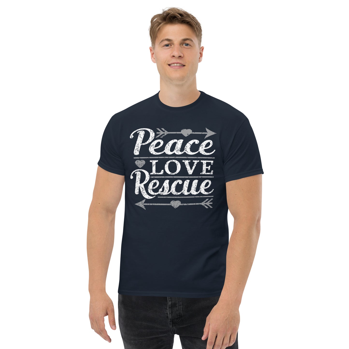 Peace love rescue men’s t-shirts by Dog Artistry navy color