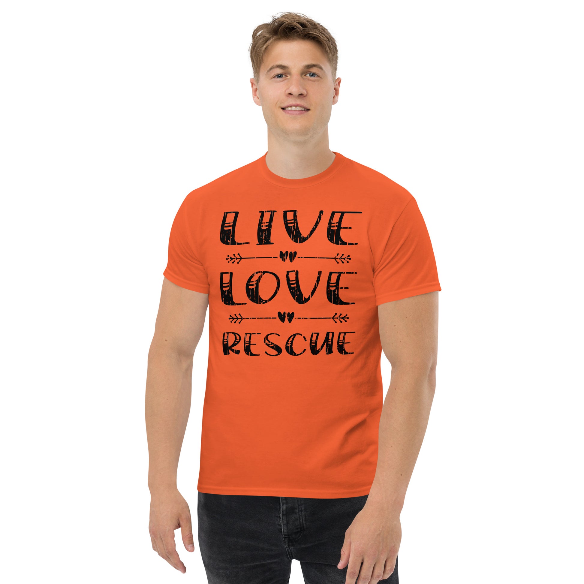Live love rescue men’s t-shirts by Dog Artistry orange color