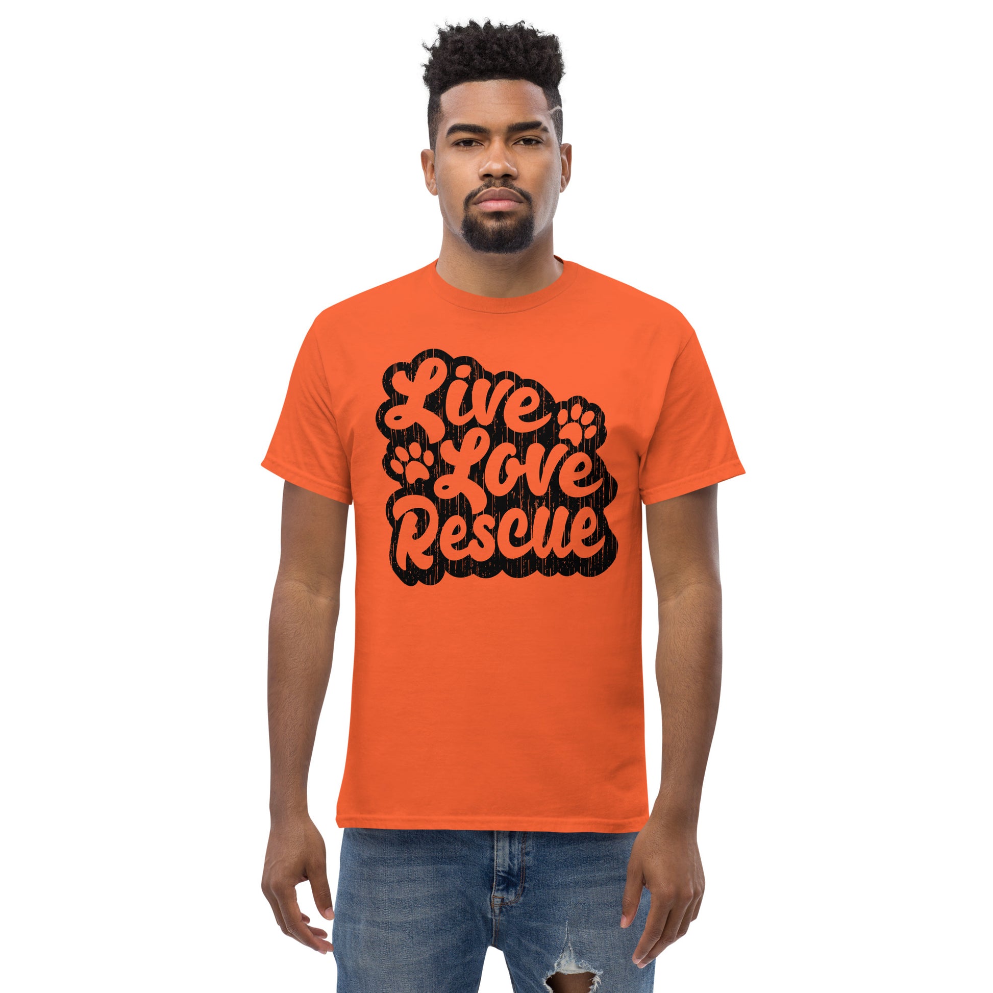 Live love rescue retro men’s t-shirts by Dog Artistry orange color