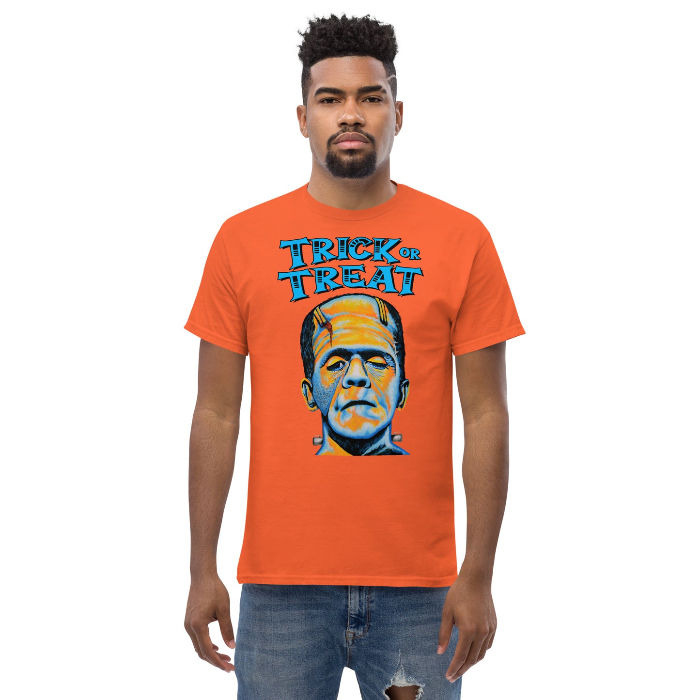 Funny Happy Halloween Colorful Frankenstein men’s orange t-shirt by Dog Artistry.