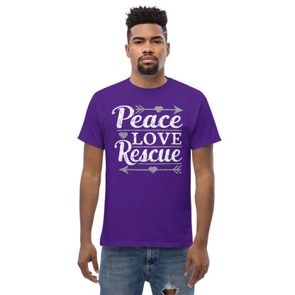 Peace love rescue men’s t-shirts by Dog Artistry purple color