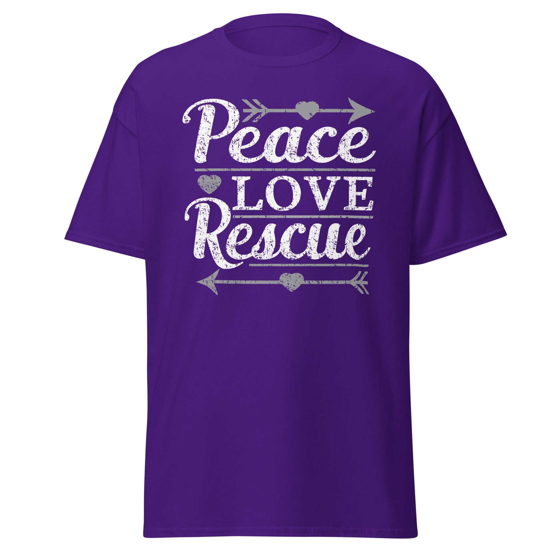 Peace love rescue men’s t-shirts by Dog Artistry Purple color