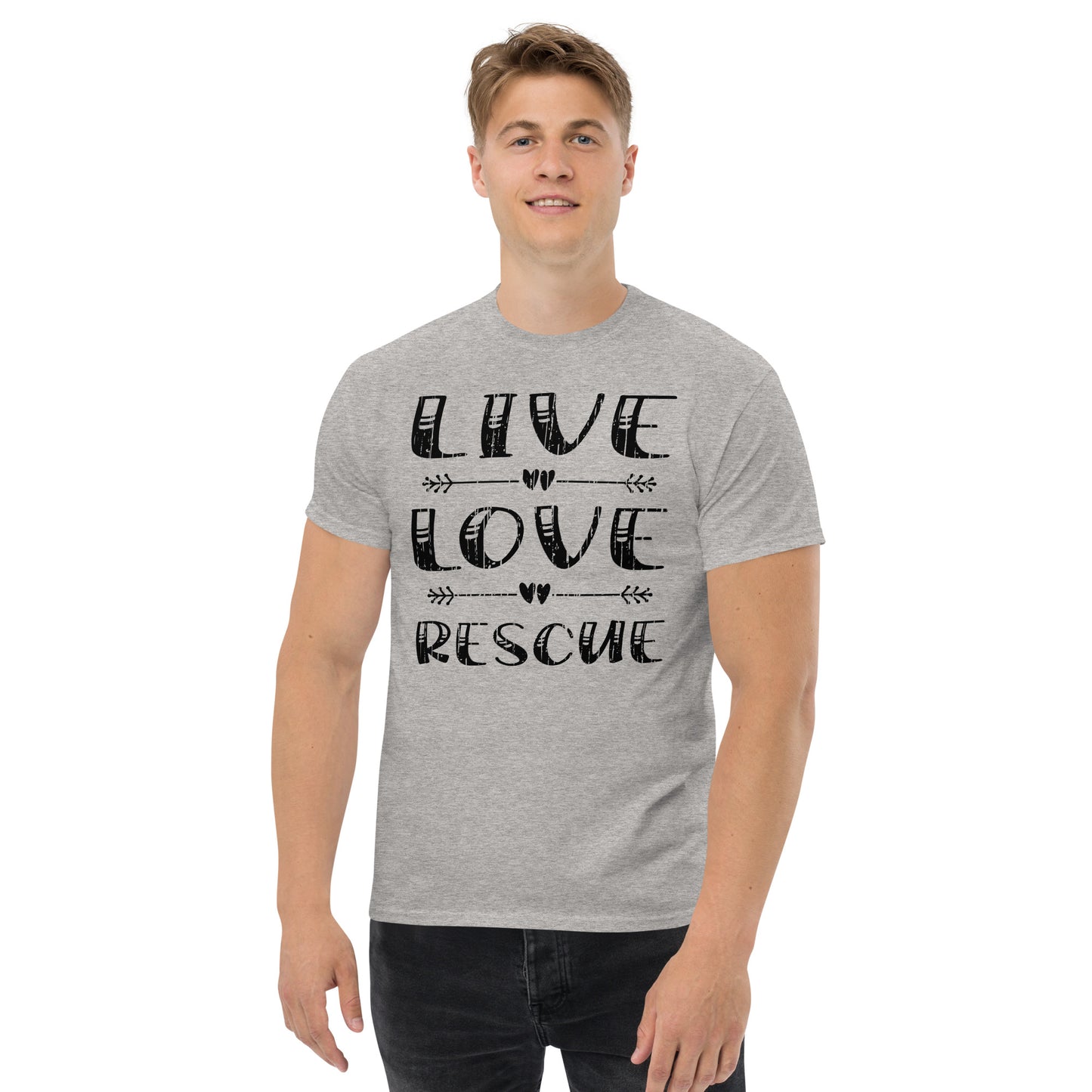 Live love rescue men’s t-shirts by Dog Artistry sport grey color
