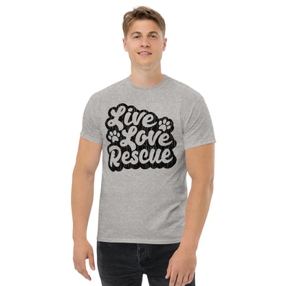 Live love rescue retro men’s t-shirts by Dog Artistry sport grey color