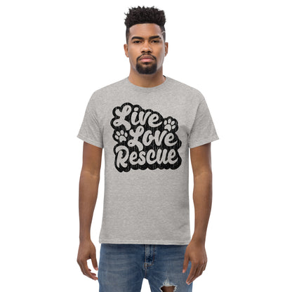 Live love rescue retro men’s t-shirts by Dog Artistry sport grey color