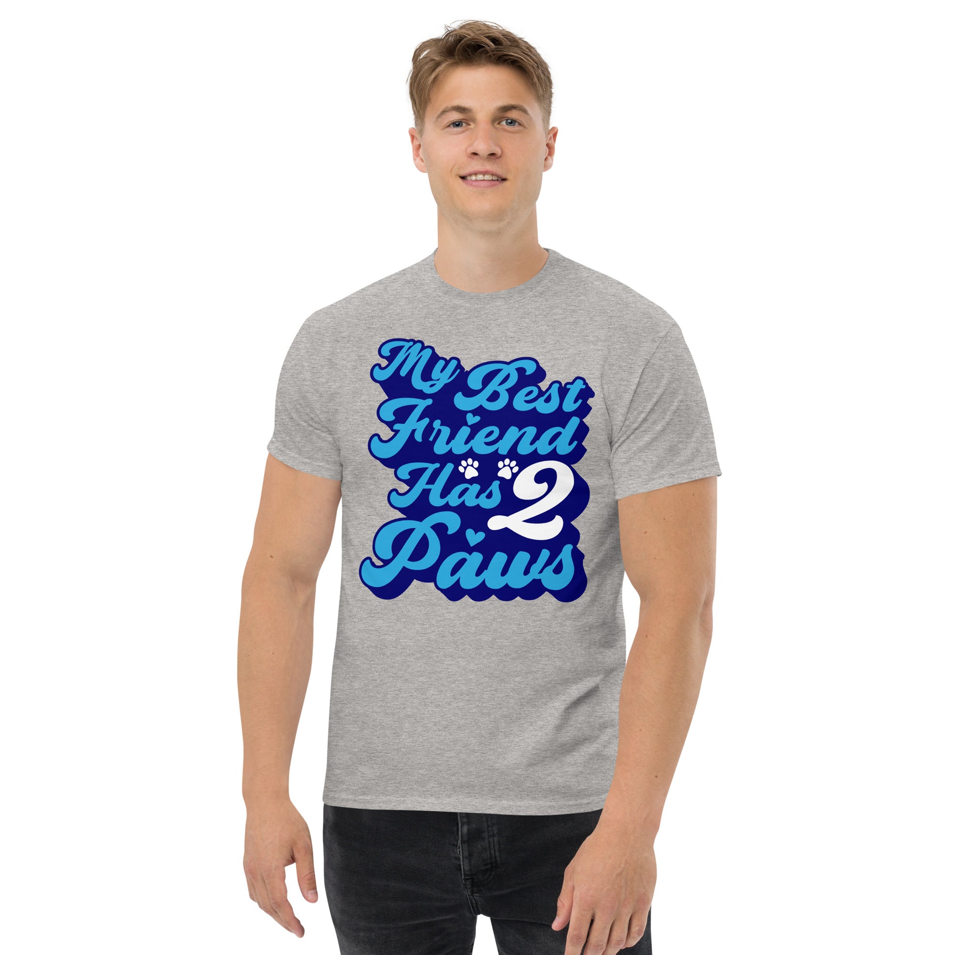 My best friend has 2 Paws men’s t-shirts by Dog Artistry sport grey
