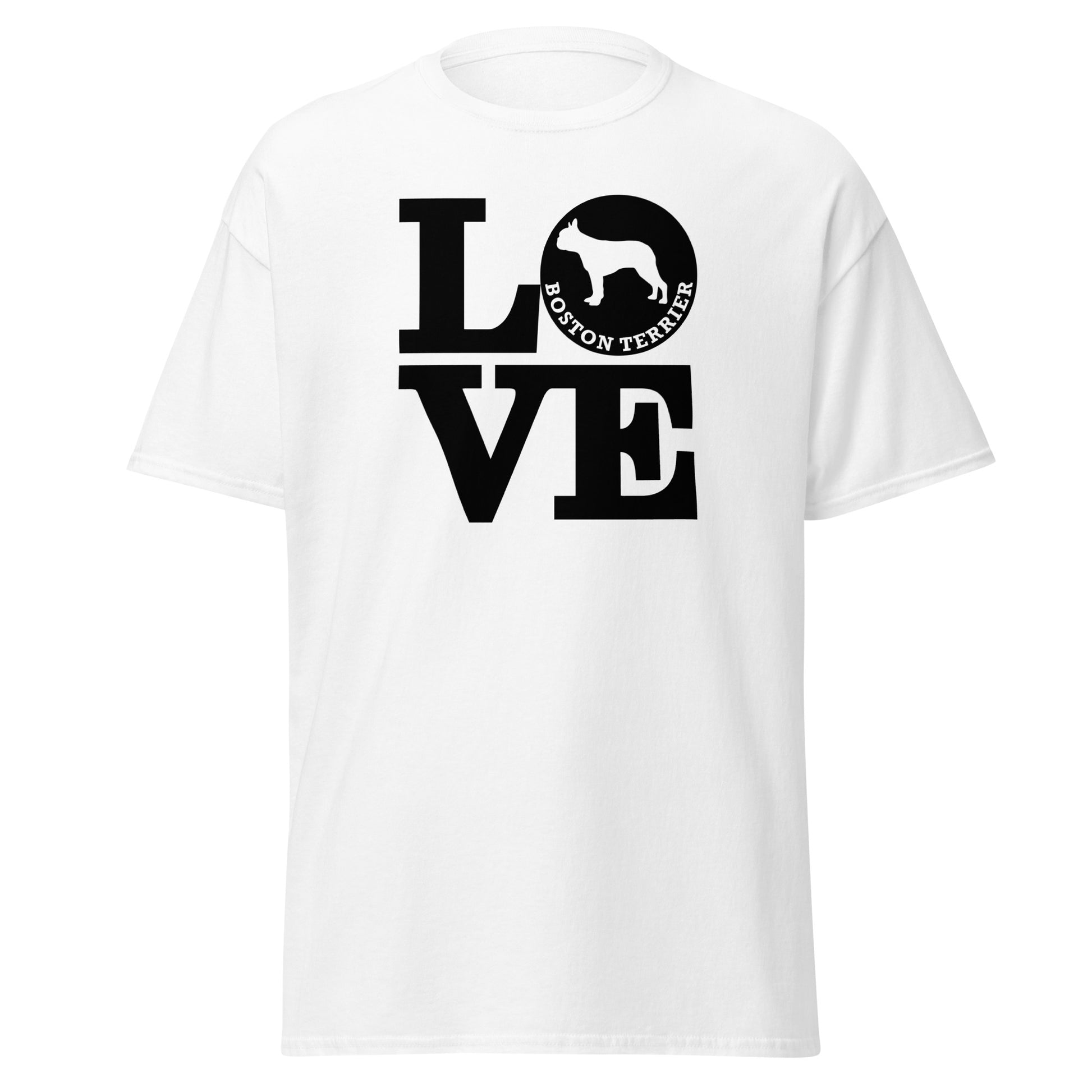 Boston Terrier Love men’s white t-shirt by Dog Artistry.