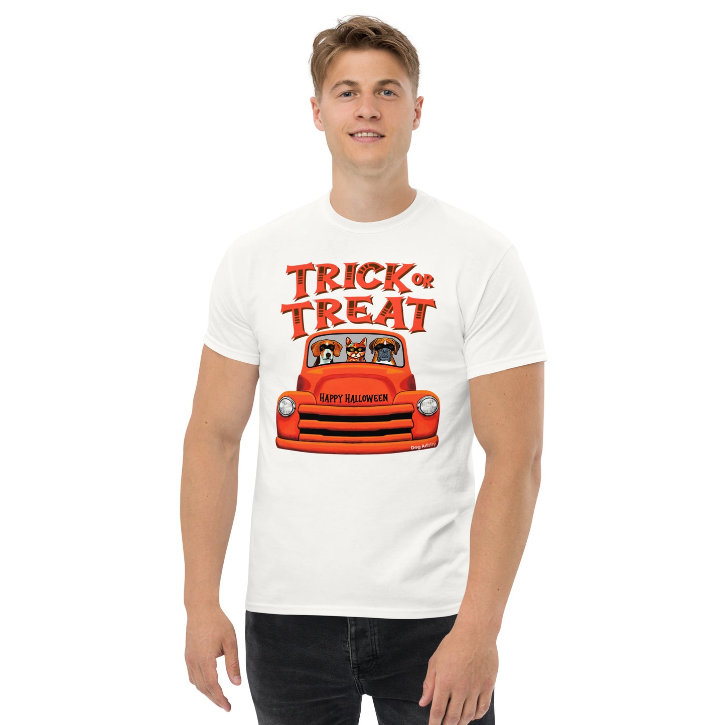 Trick or Treat Halloween old orange truck with Beagle, Cat, and Boxer wearing masks men’s white t-shirt by Dog Artistry.