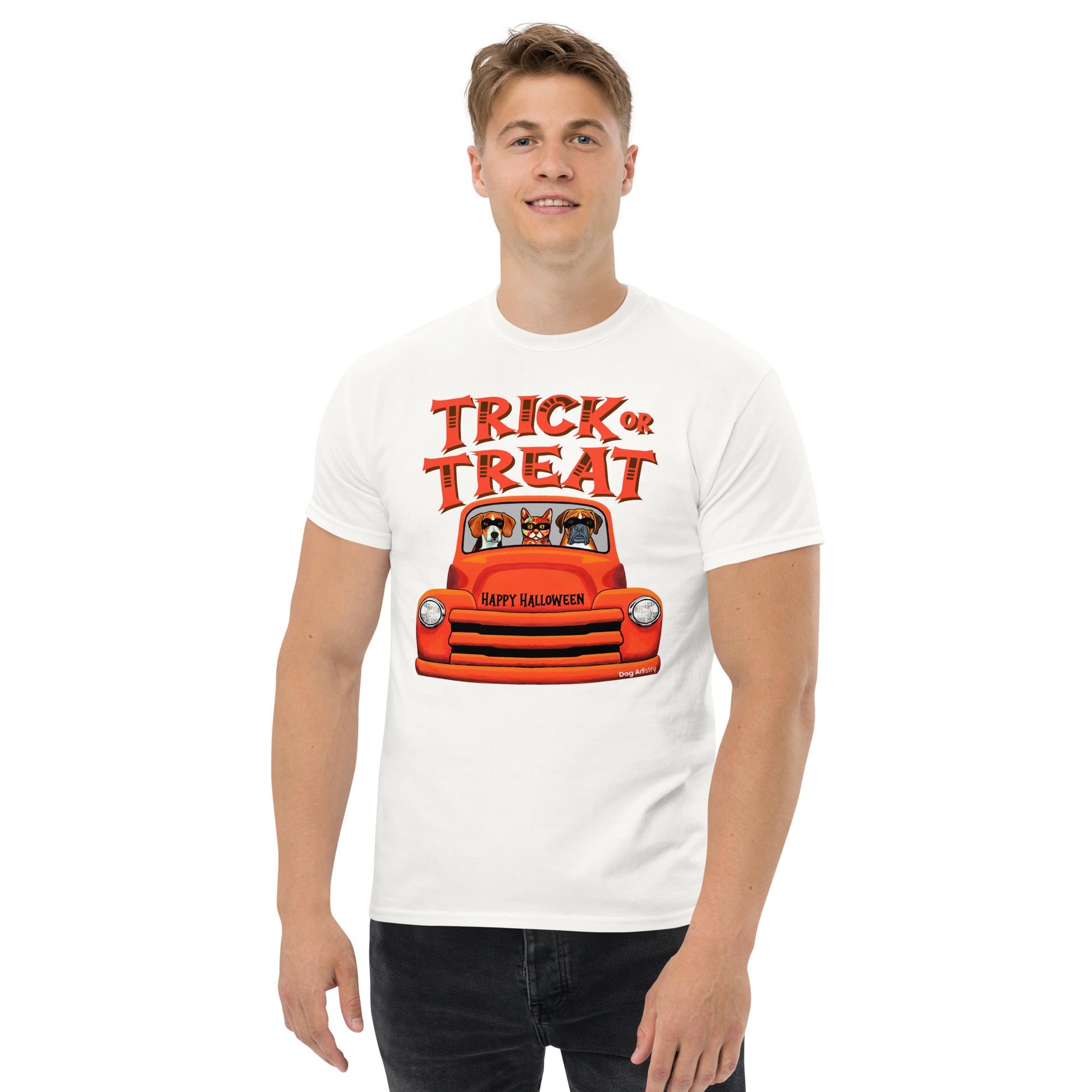 Trick or Treat Halloween old orange truck with Beagle, Cat, and Boxer wearing masks men’s white t-shirt by Dog Artistry.