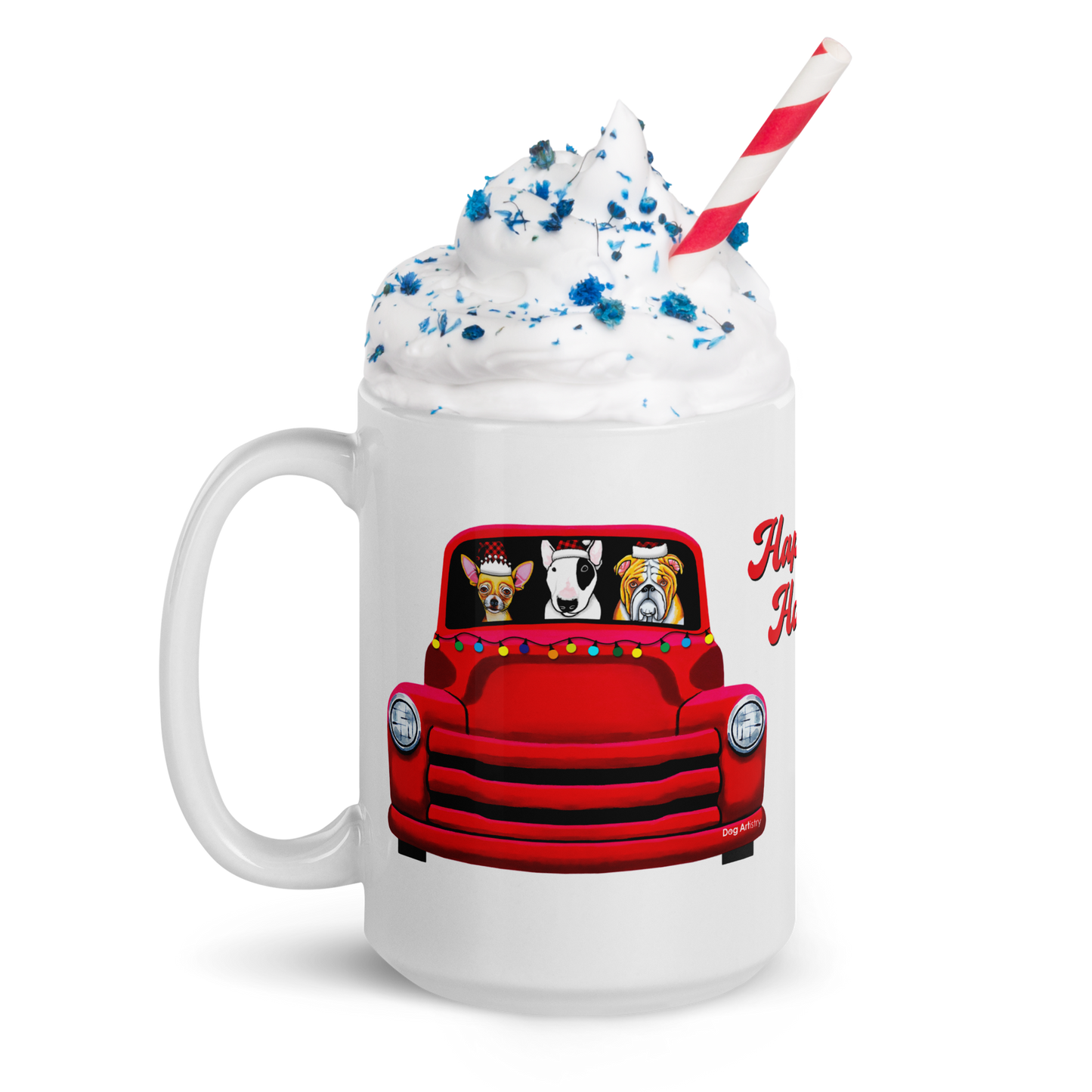 Red Truck with Chihuahua, Bull Terrier, and Bulldog White Glossy Mug