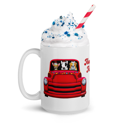 Red Truck with Chihuahua, Bull Terrier, and Bulldog White Glossy Mug