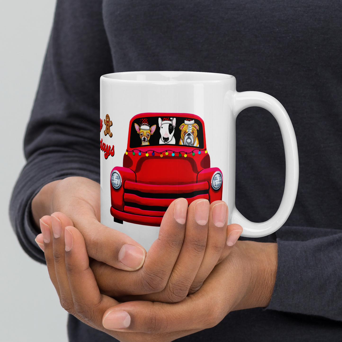 Red Truck with Chihuahua, Bull Terrier, and Bulldog White Glossy Mug