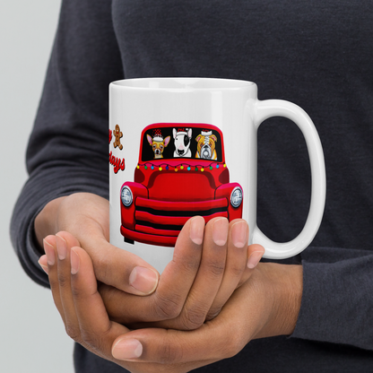 Red Truck with Chihuahua, Bull Terrier, and Bulldog White Glossy Mug