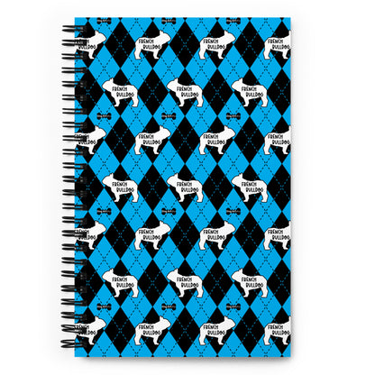 French Bulldog Argyle Blue and Black Spiral Notebooks