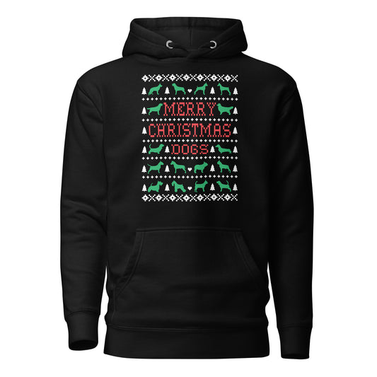 Dogs ugly Christmas hoodie sweater black by Dog Artistry.