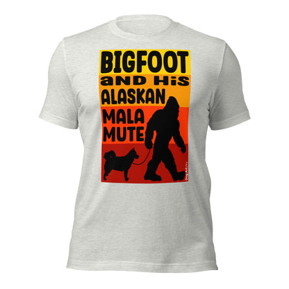 Bigfoot and his Alaskan Malamute unisex ash t-shirt-by-Dog-Artistry.