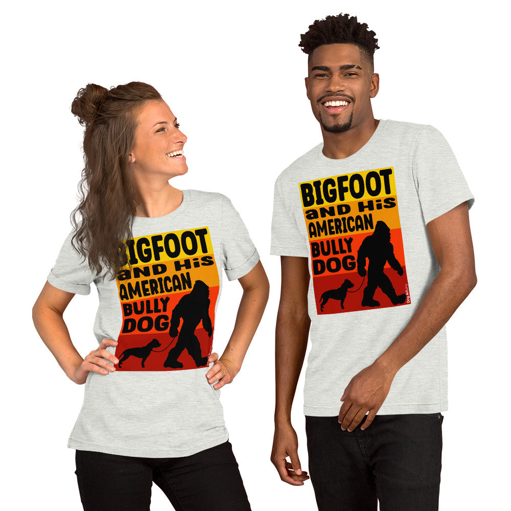 Bigfoot and his American Bully unisex ash t-shirt-by-Dog-Artistry.