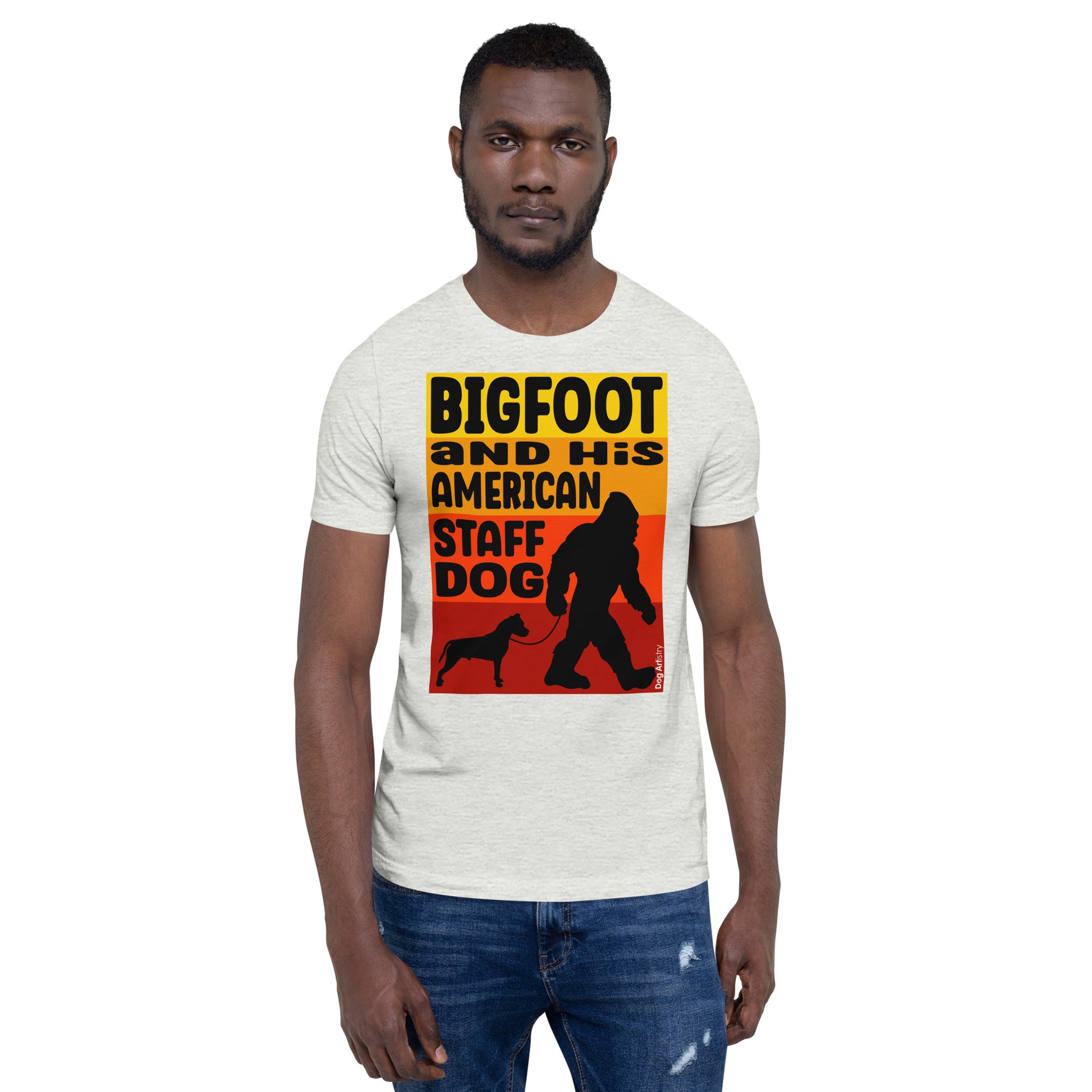 Bigfoot and his American Staffordshire Terrier unisex ash t-shirt-by-Dog-Artistry.
