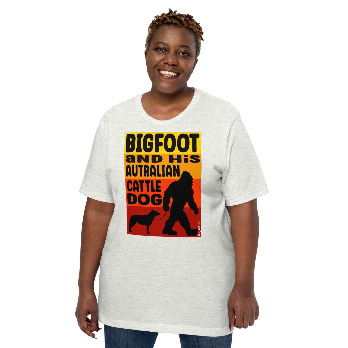 Bigfoot and his Australian Cattle Dog unisex ash t-shirt-by-Dog-Artistry.