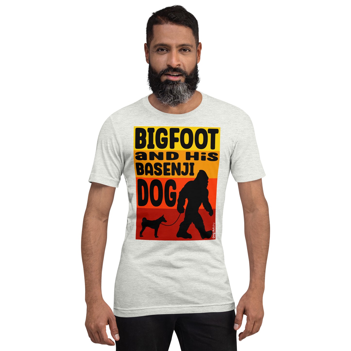 Big foot and his Basenji unisex ash t-shirt by Dog Artistry.