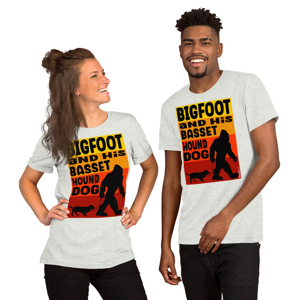 Big foot and his Basset Hound unisex ash t-shirt by Dog Artistry.