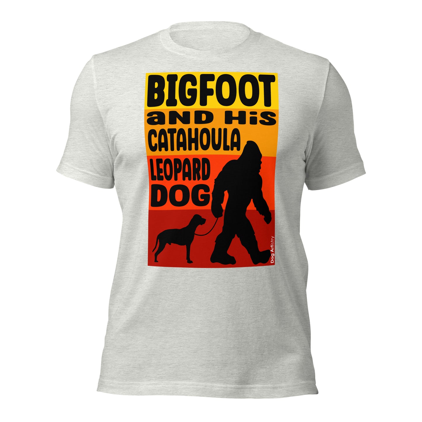 Big foot and his Catahoula Leopard dog unisex ash t-shirt by Dog Artistry.