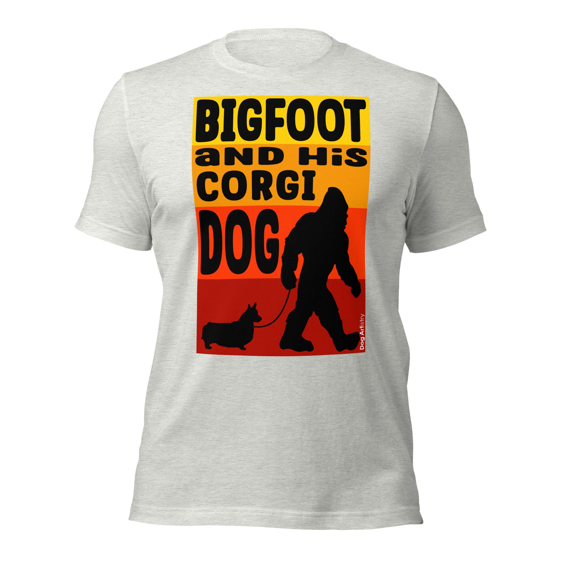 Big foot and his Corgi dog unisex ash t-shirt by Dog Artistry.
