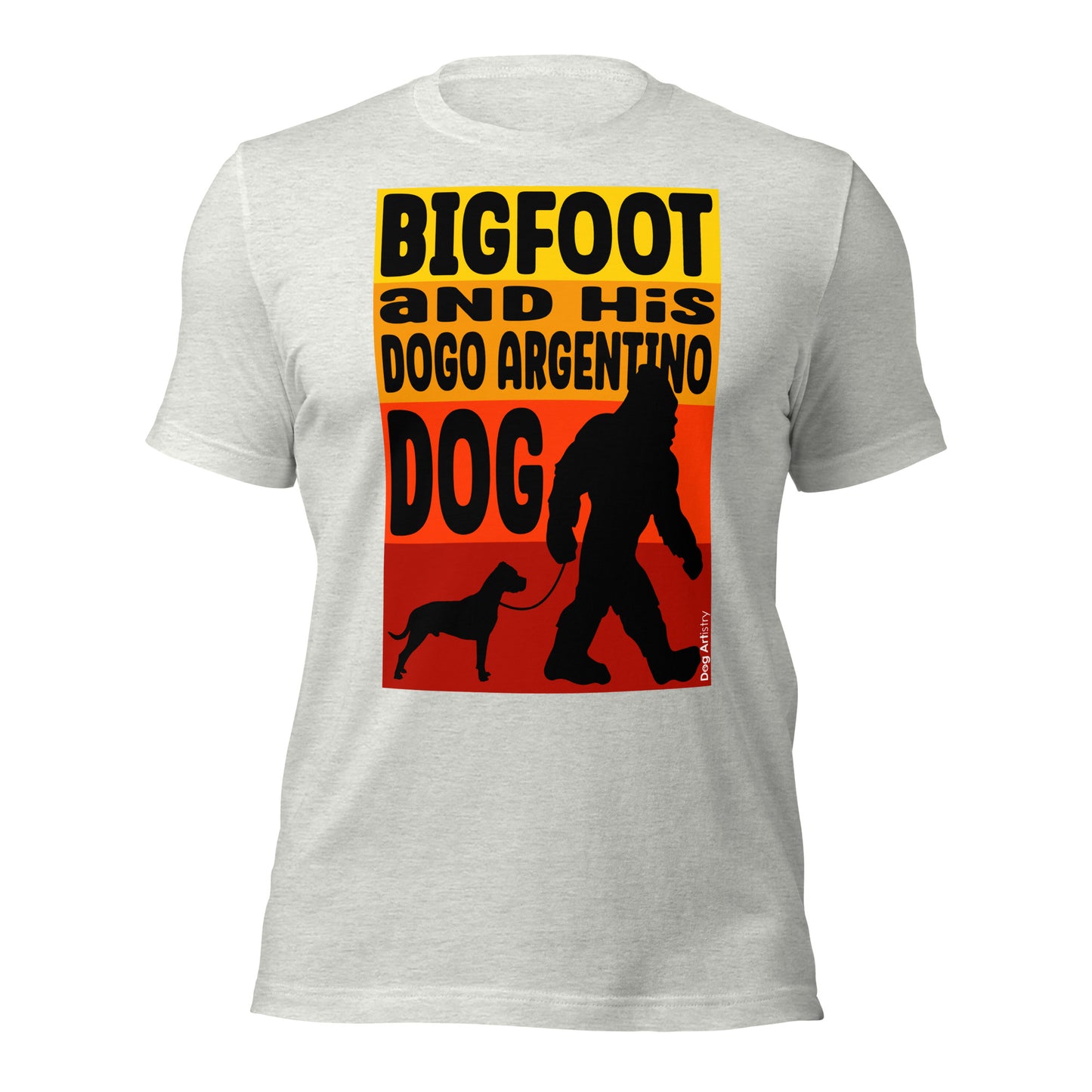 Bigfoot and his Dogo Argentino dog unisex ash t-shirt by Dog Artistry.