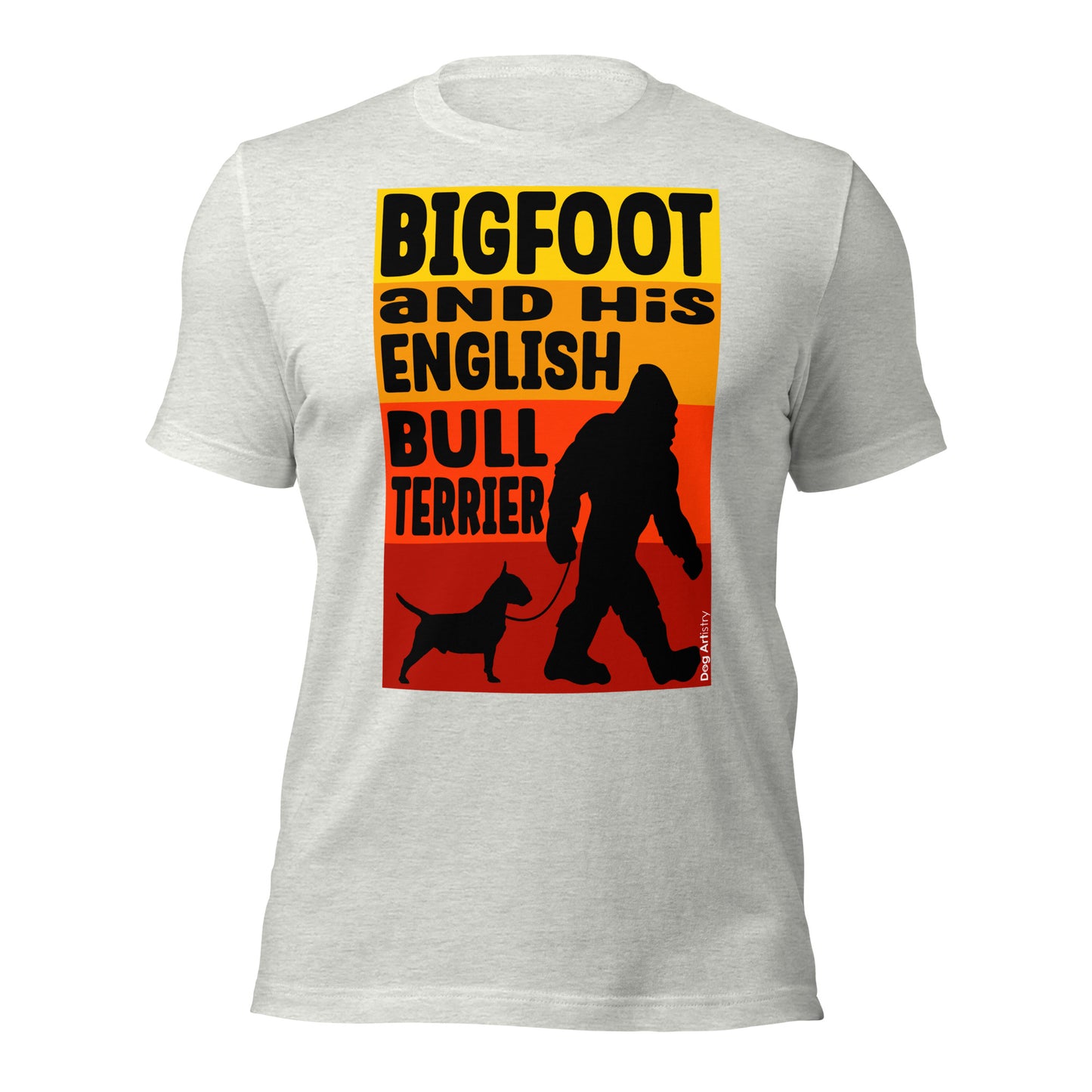 Bigfoot and his English Bull Terrier unisex ash t-shirt by Dog Artistry.