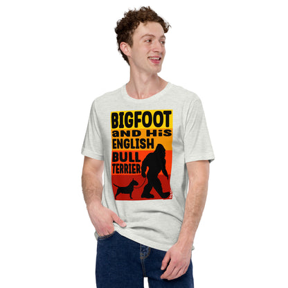 Bigfoot and his English Bull Terrier unisex ash t-shirt by Dog Artistry.