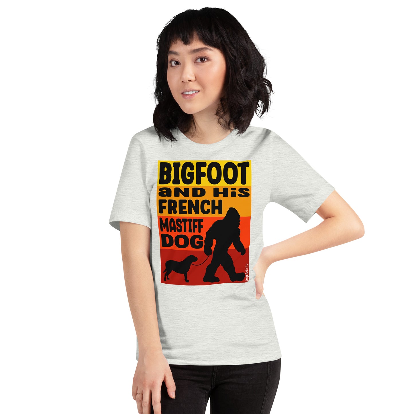 Bigfoot and his French Mastiff unisex ash t-shirt by Dog Artistry.