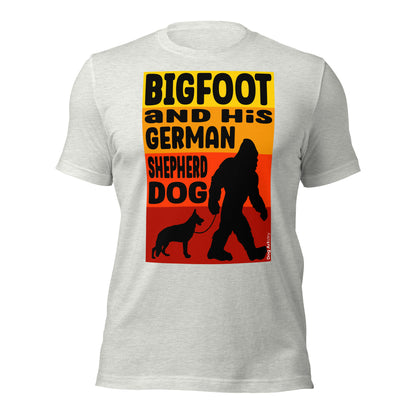 Bigfoot and his German Shepherd unisex ash t-shirt by Dog Artistry.