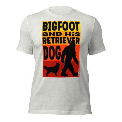 Bigfoot and his Golden Retriever unisex ash t-shirt by Dog Artistry.