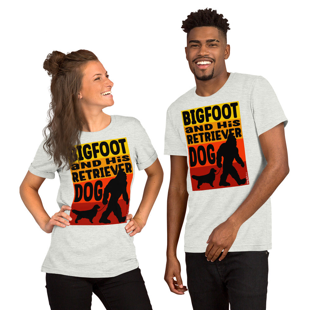 Bigfoot and his Golden Retriever unisex ash t-shirt by Dog Artistry.