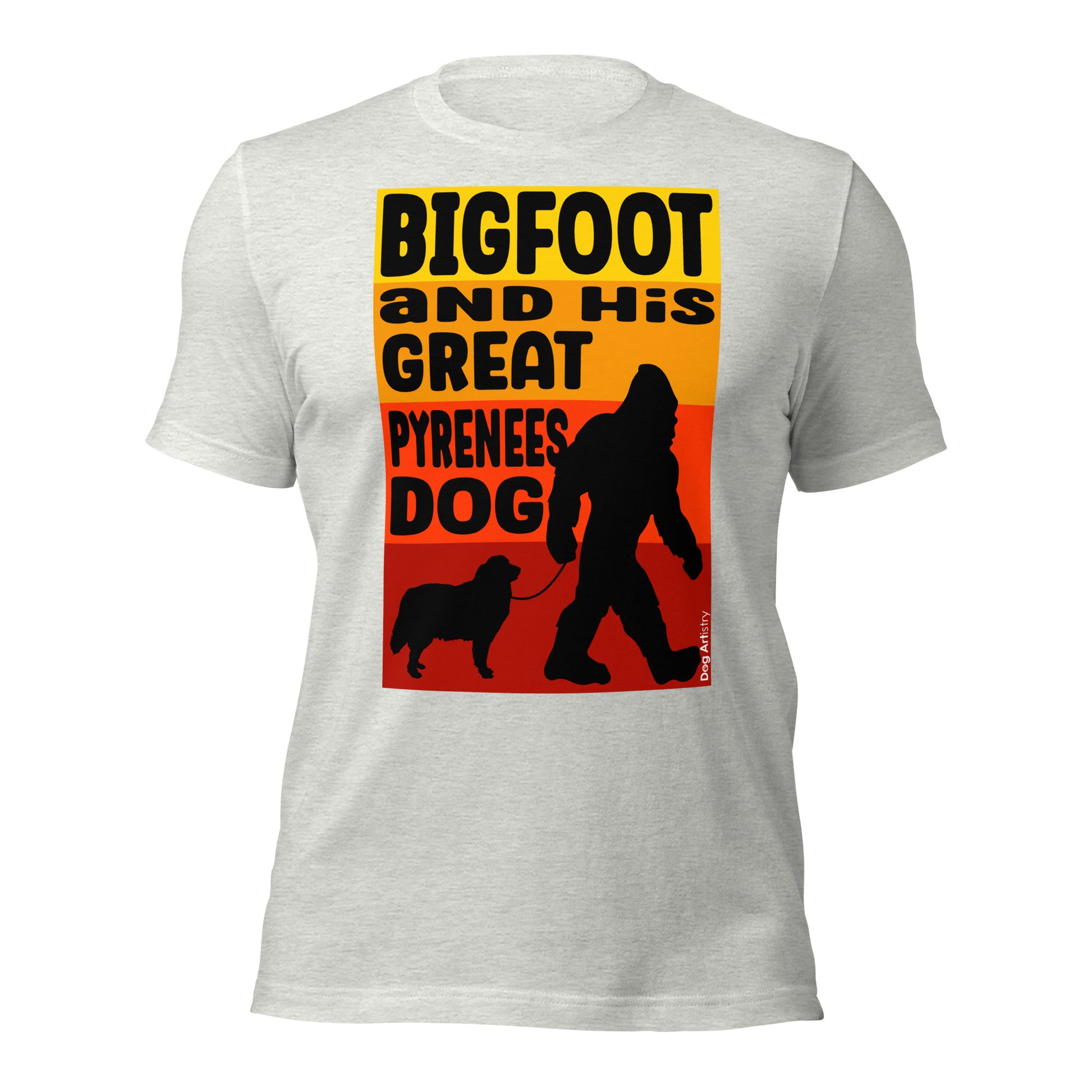 Bigfoot and his Great Pyrenees unisex ash t-shirt by Dog Artistry.