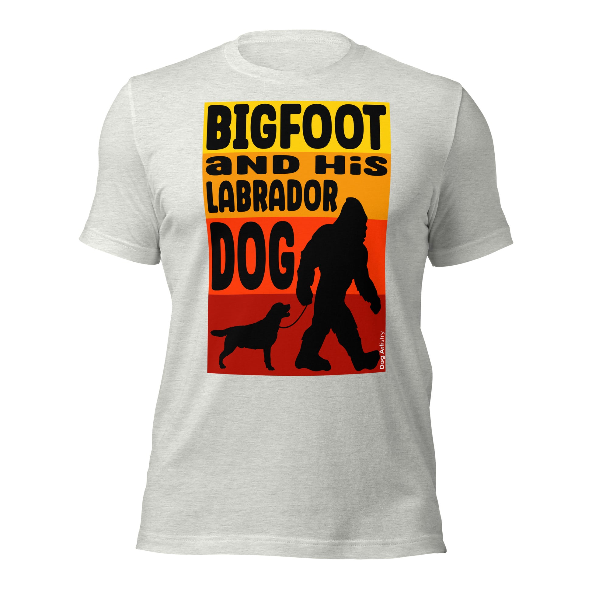 Bigfoot and his labrador retriever unisex ash t-shirt by Dog Artistry.