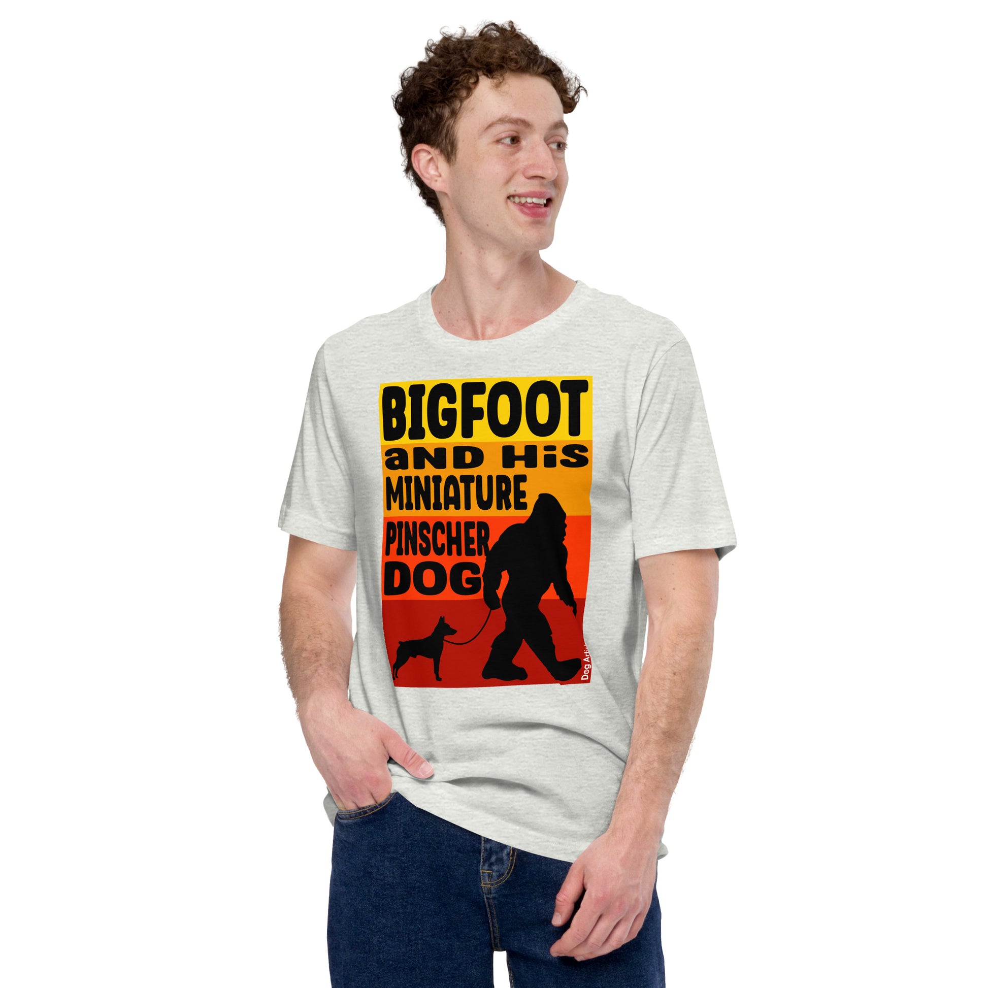 Bigfoot and his Miniature Pinscher unisex ash t-shirt by Dog Artistry.